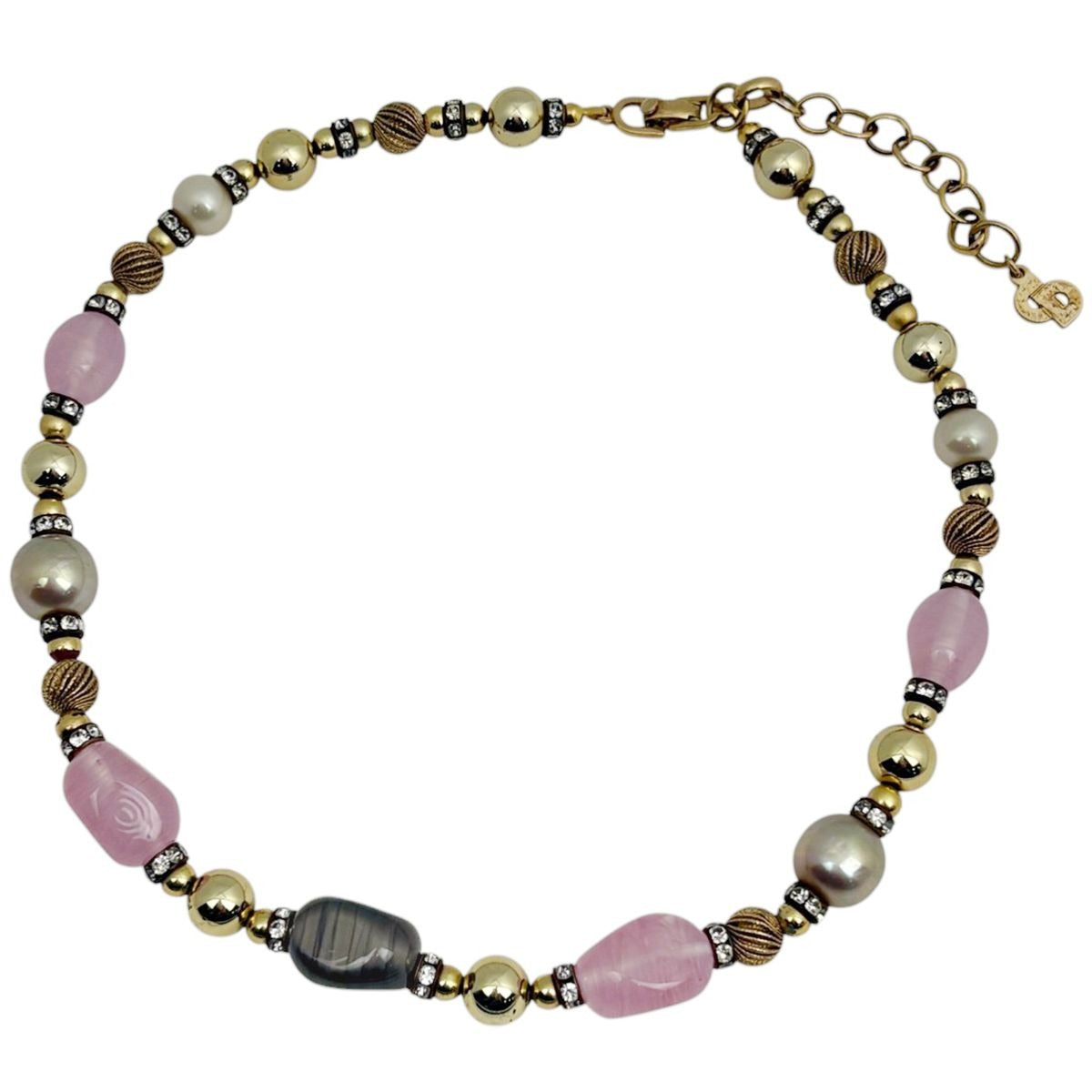 Dior Christian Color Stone Necklace Gold Plated Pink