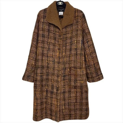 Chanel Teddy Shearling Collar Mixed Tweed CC Logo Button 38 Coat Brown