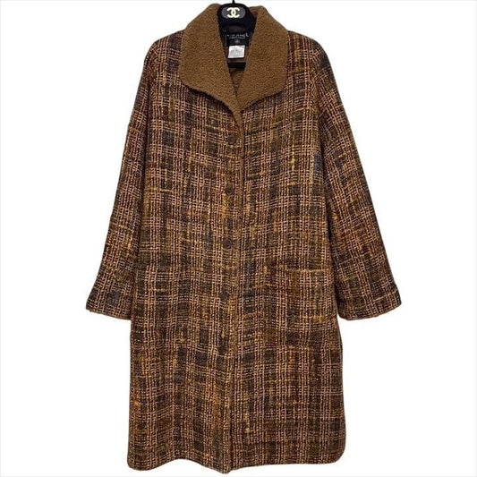 Chanel Teddy Shearling Collar Mixed Tweed CC Logo Button 38 Coat Brown