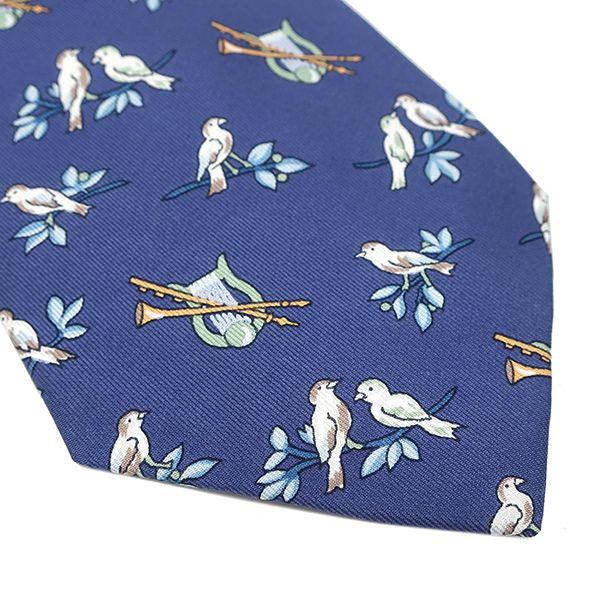 Hermes Necktie 9cm (3.54in) Silk Navy Sparrow Total Animal Pattern Bird