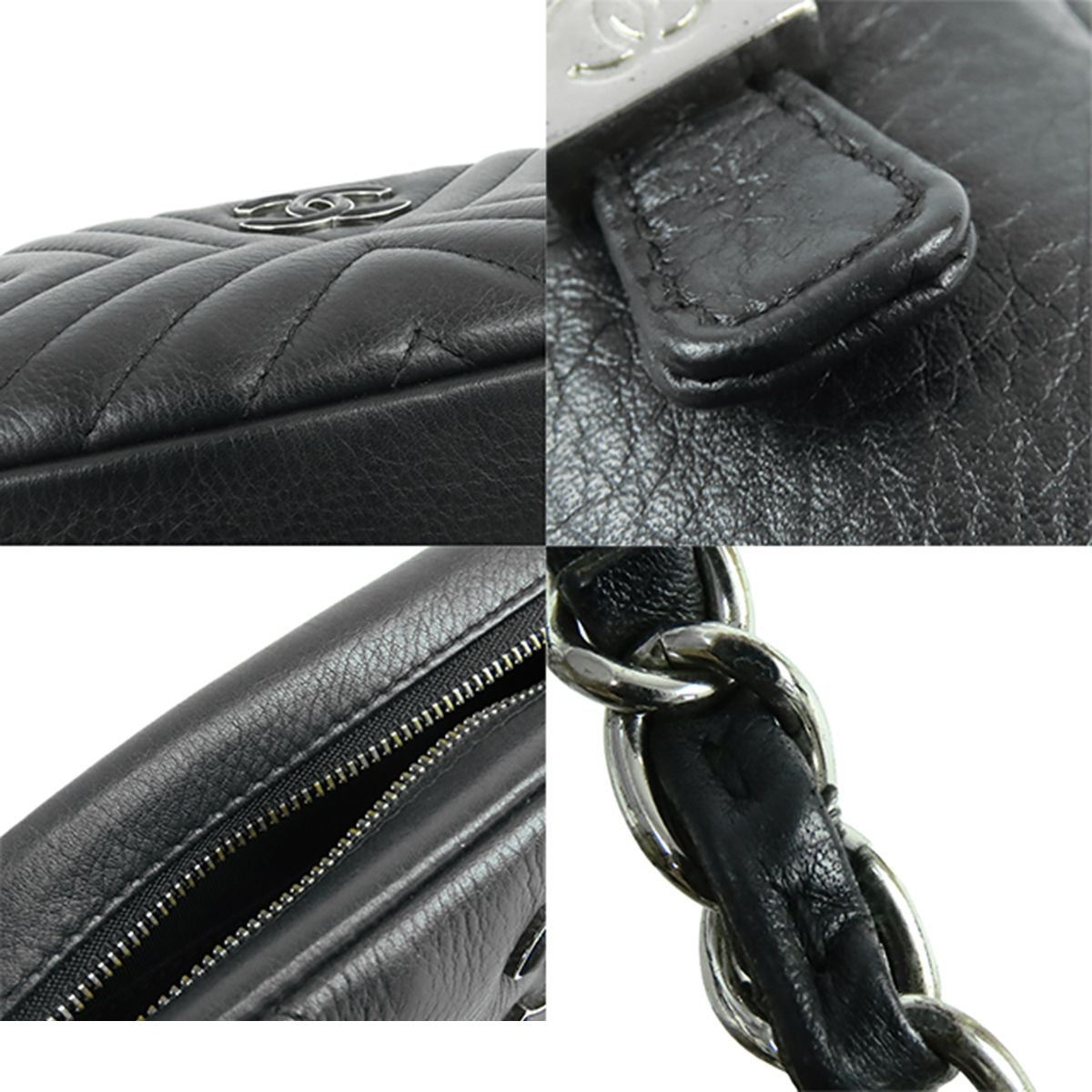 Chanel Chain Shoulder Bag Black Silver Lambskin Chevron Stitch Fringe — view 7
