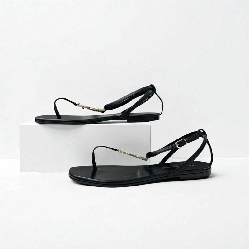 Saint Laurent Cassandra Sandals Shoes Leather Black Gold YSL Hardware Strap