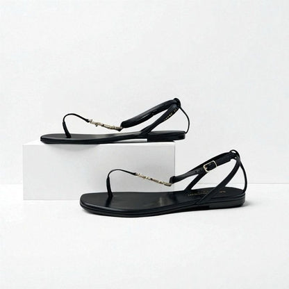 Saint Laurent Cassandra Sandals Shoes Leather Black Gold YSL Hardware Strap