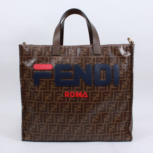 Fendi X Fila Zucca Leather X PVC Brown Tote Bag Gold 8bh357
