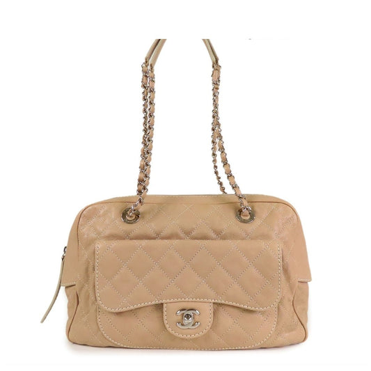 Chanel Chain Beige Silver Caviar Leather Quilted Stitching CC Logo Shoulder Bag