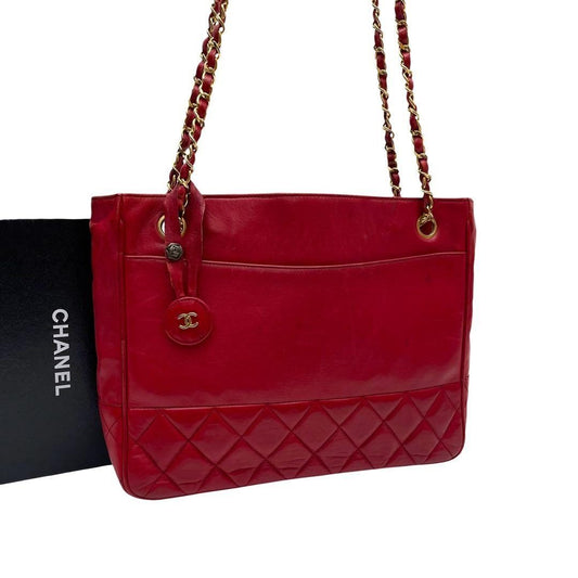 Chanel Quilted Lambskin Chain Shoulder Tote Red