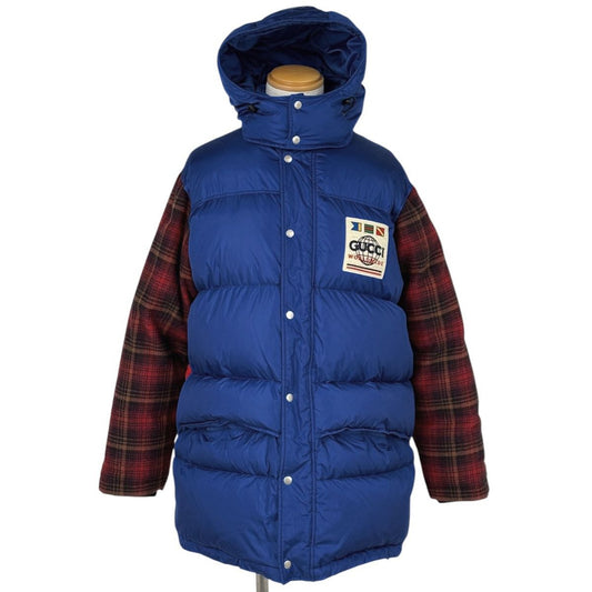 Gucci Patch Logo Down Jacket Cut Replacement Hooded Zip Up Blue Red