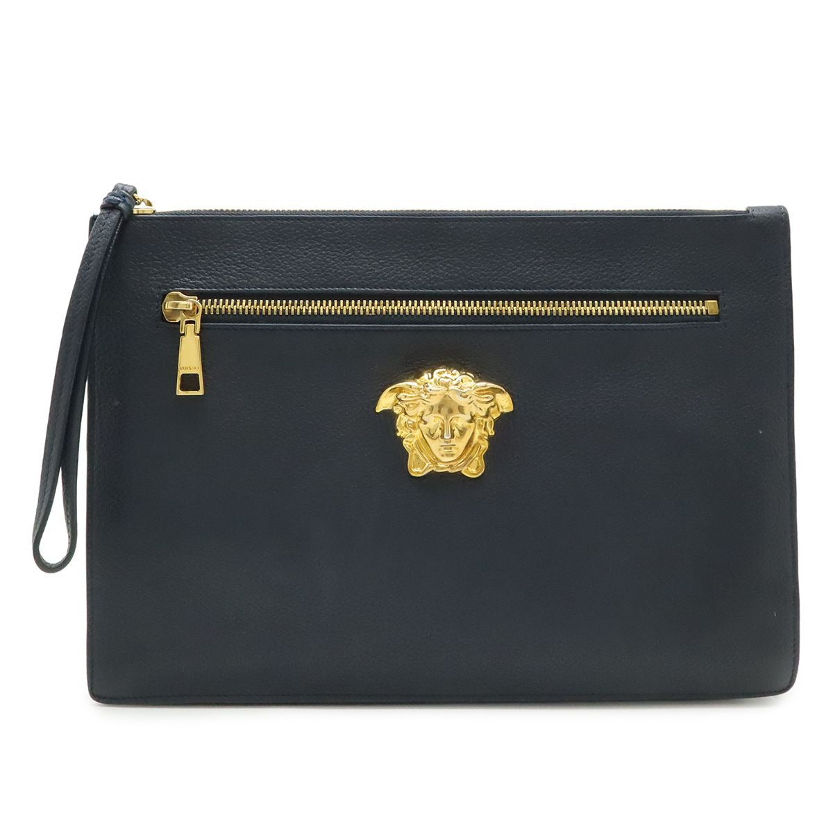 Versace Medusa Clutch Zip Pouch Leather Navy Black Gold