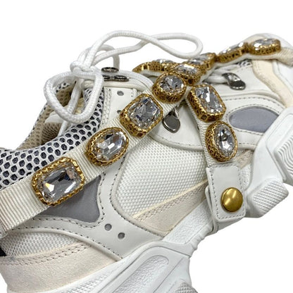 Gucci Flashtrek Sneakers Shoes Leather Fabric White Beige White Gold Logo Bijou