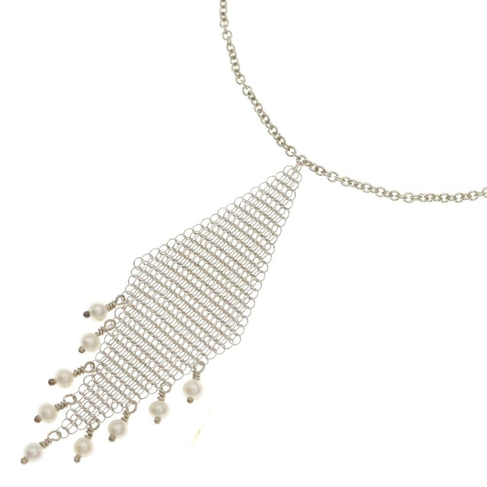 Tiffany & Co Mesh Fringe Pearl Necklace Pendant Chain Silver