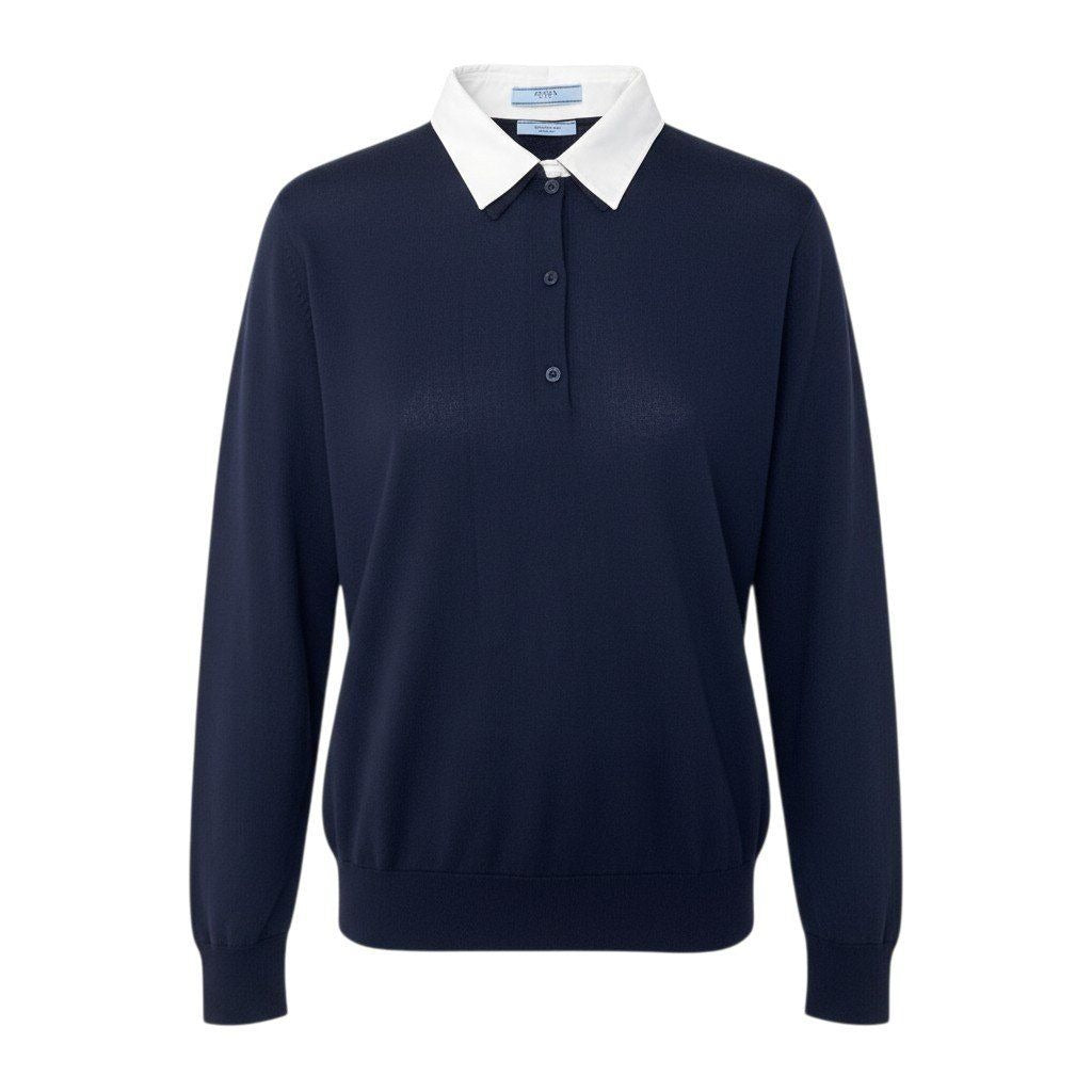 Prada Knit Polo Shirt Long Sleeve Sweater 44 Navy White Wool