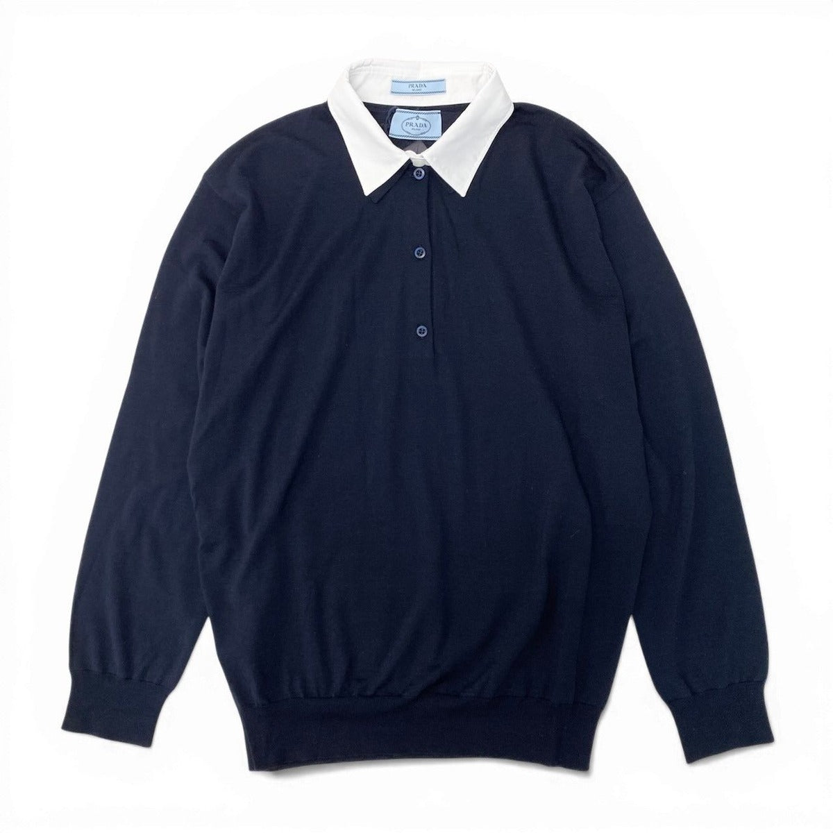 Prada Knit Polo Shirt Long Sleeve Sweater 44 Navy White Wool — view 2