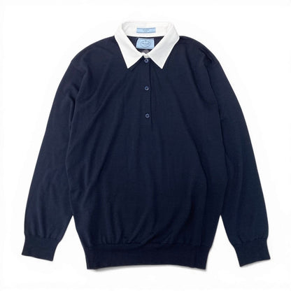 Prada Knit Polo Shirt Long Sleeve Sweater 44 Navy White Wool — view 2