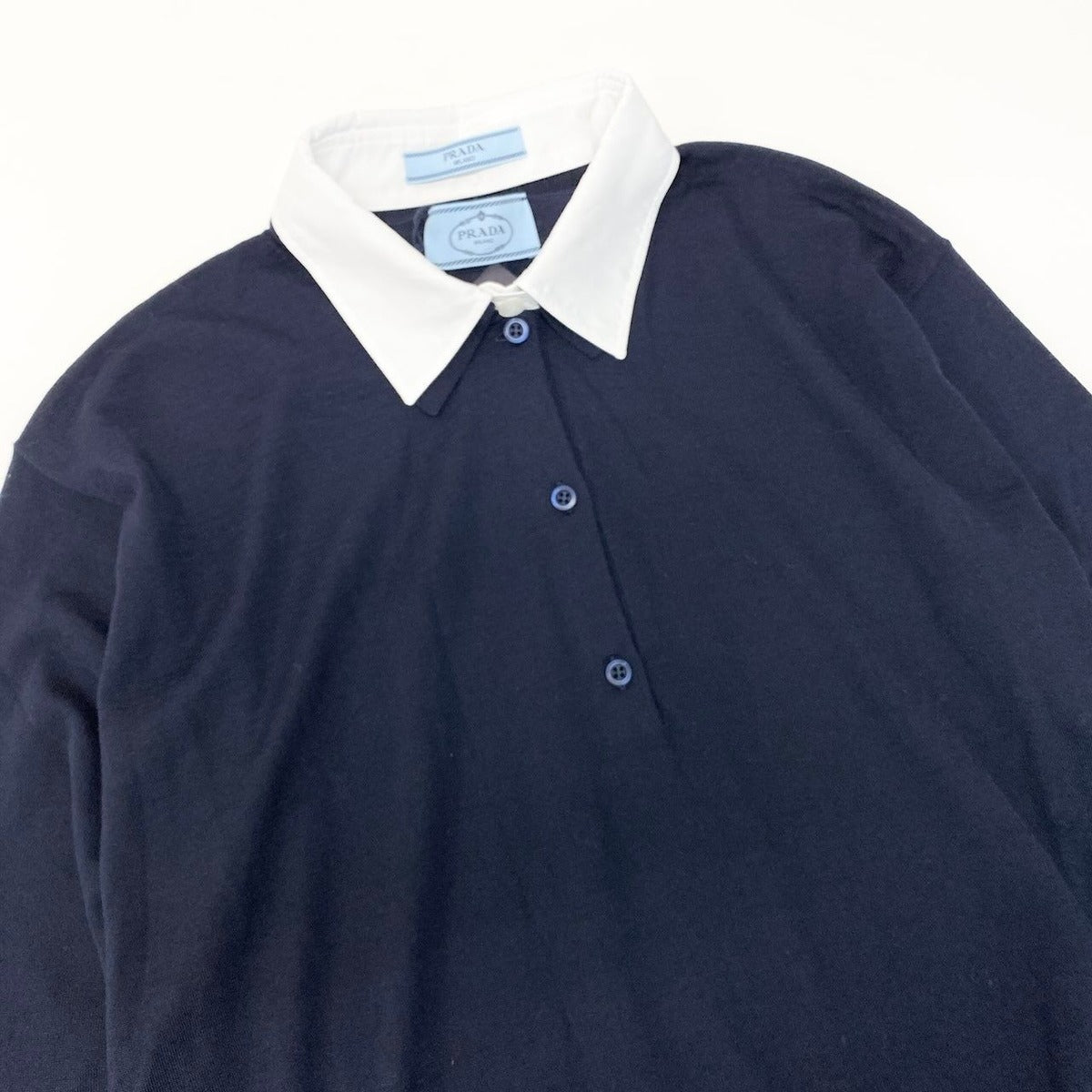 Prada Knit Polo Shirt Long Sleeve Sweater 44 Navy White Wool — view 4