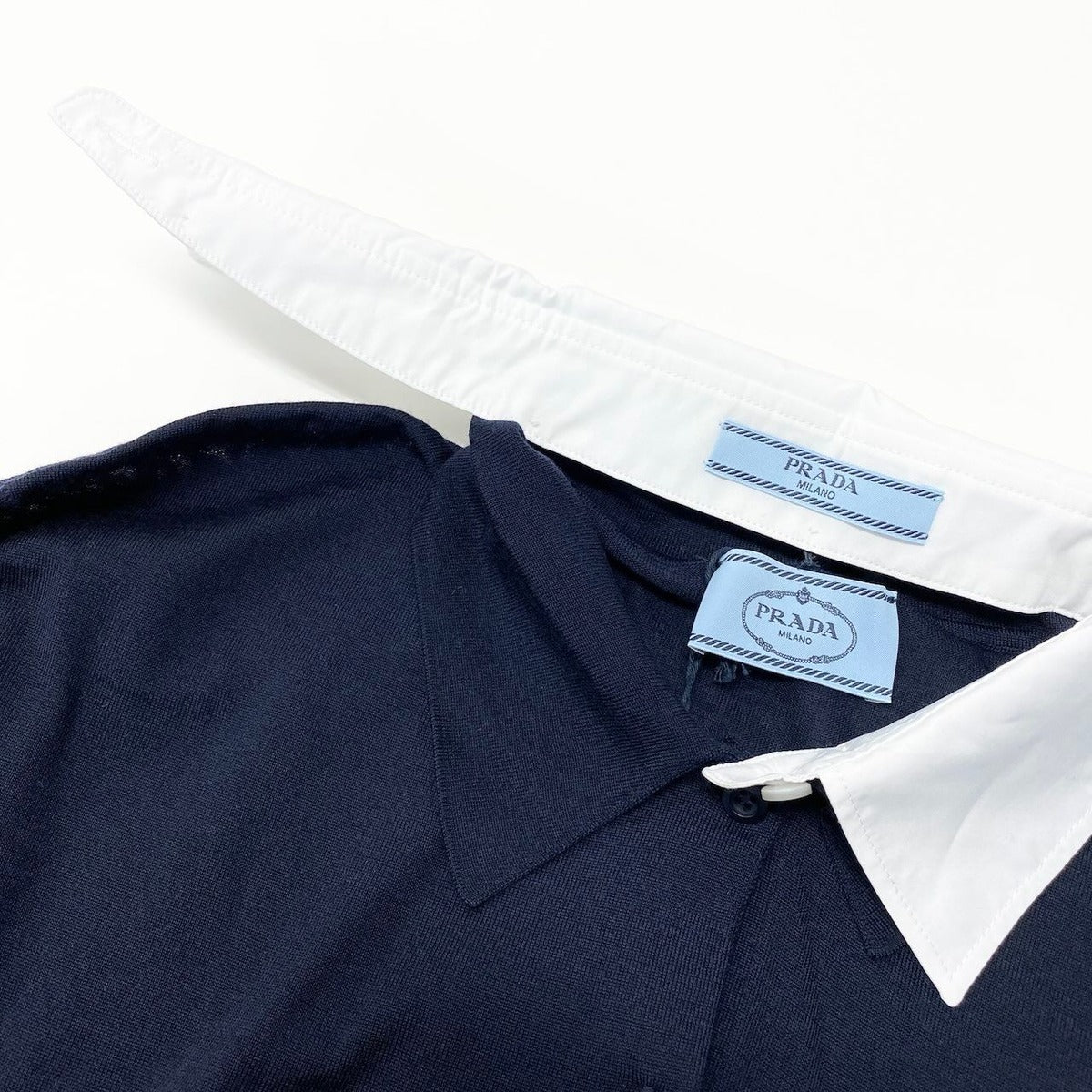 Prada Knit Polo Shirt Long Sleeve Sweater 44 Navy White Wool — view 7