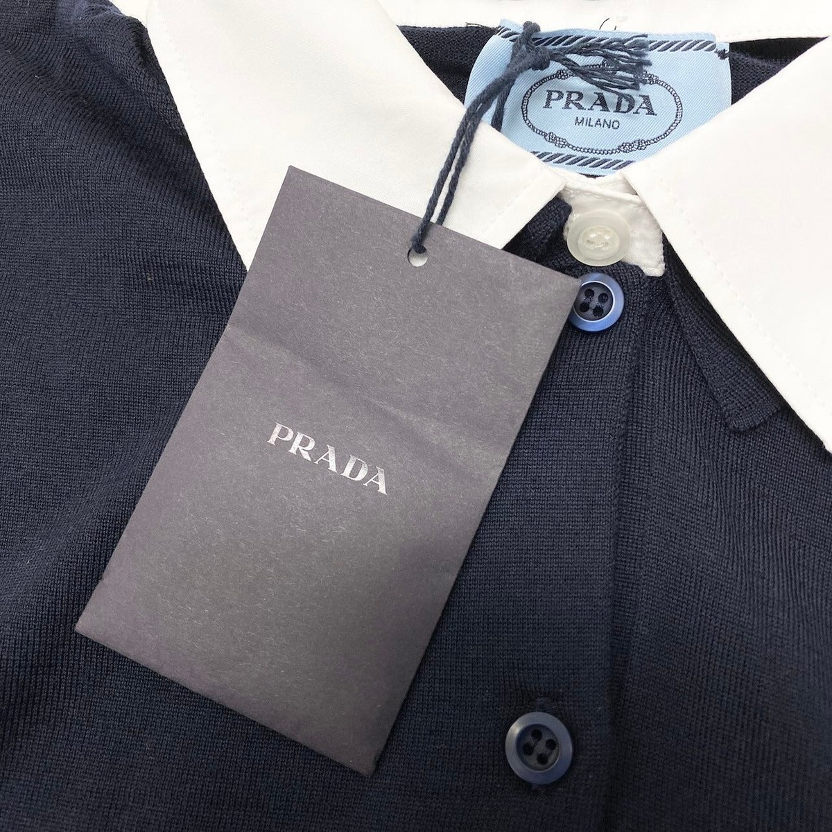 Prada Knit Polo Shirt Long Sleeve Sweater 44 Navy White Wool — view 8