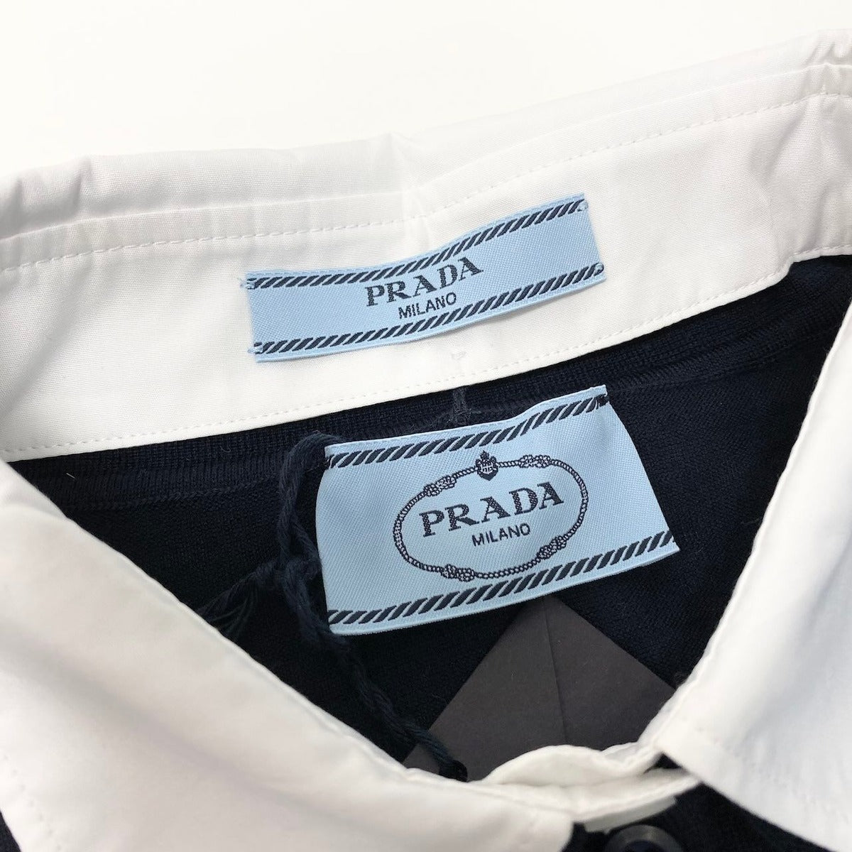 Prada Knit Polo Shirt Long Sleeve Sweater 44 Navy White Wool — view 9
