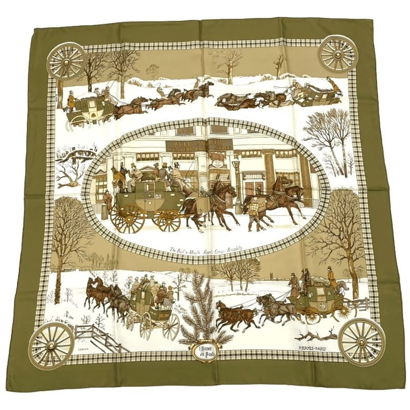Hermes Scarf Carre 90 Lhiver en Poste Winter Mail Coach 100% Silk Brown
