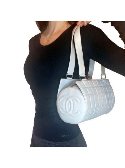 Chanel CC Chocolate Bar Quilted Leather Bowler Shoulder Bag Purse Blue