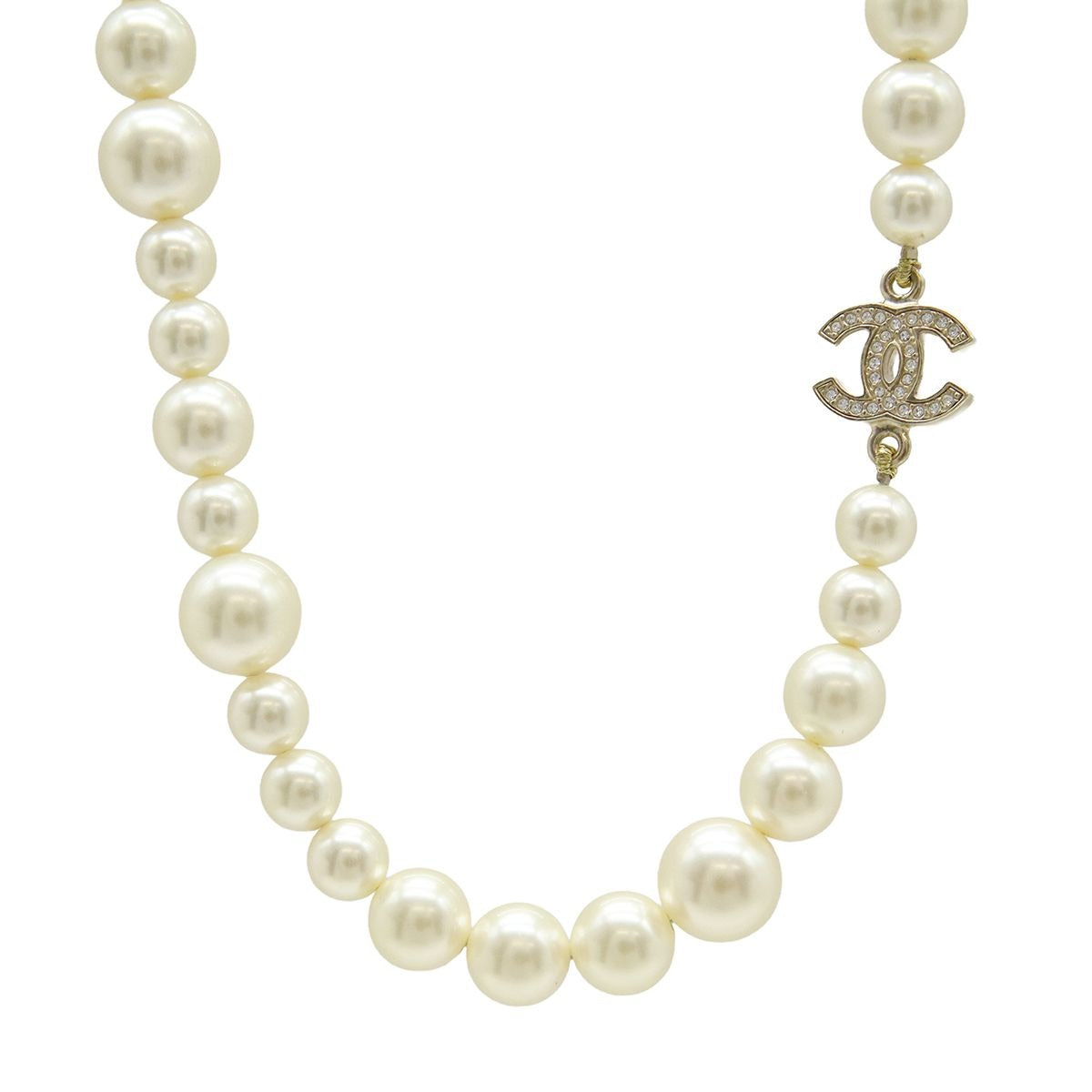 Chanel CC Logo Faux Pearl Long Necklace Pendant Rhinestone Cream Gold