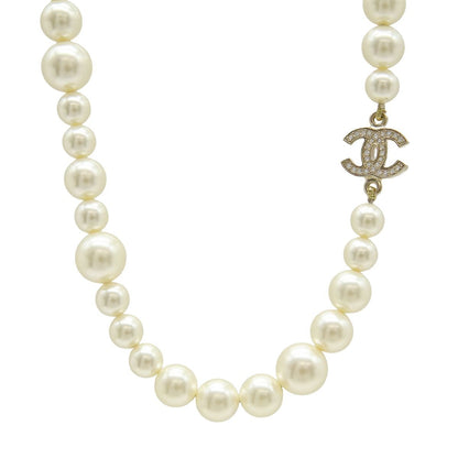 Chanel CC Logo Faux Pearl Long Necklace Pendant Rhinestone Cream Gold