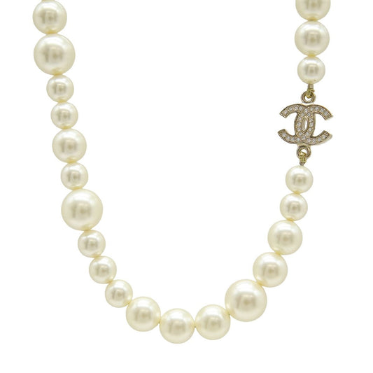 Chanel CC Logo Faux Pearl Long Necklace Pendant Rhinestone Cream Gold