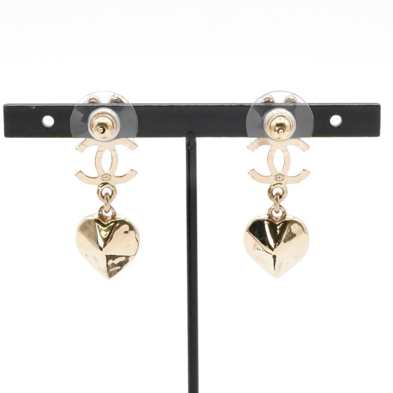 Chanel Earrings Earring Gold Coco Mark Rhinestone Clover Heart