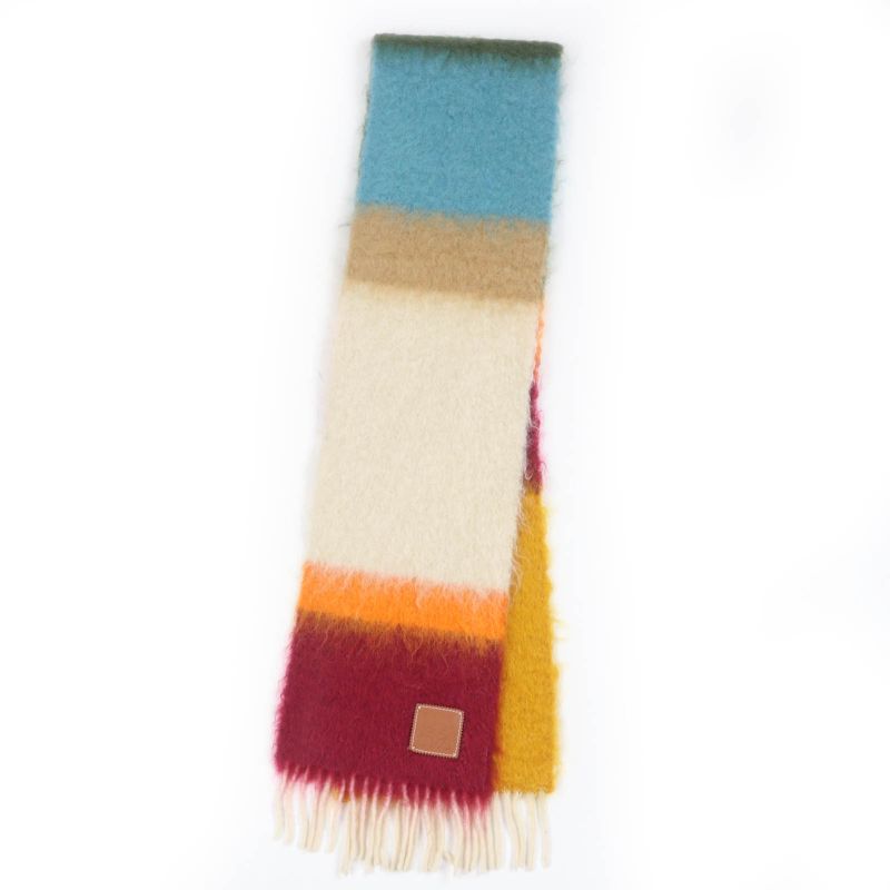 LOEWE Mohair Wool Monogram Leather Scarf With Patch And Fringe Multicolor Made