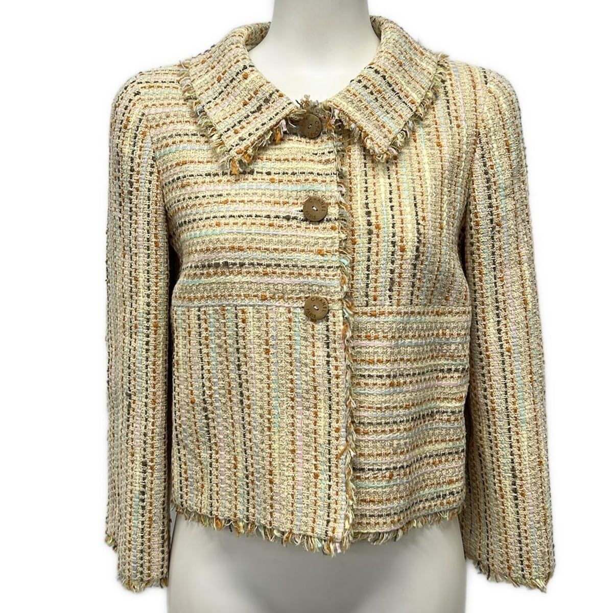 Chanel Jacket 36 S Light Yellow Orange Multi Tweed 3/4 Sleeve Cotton