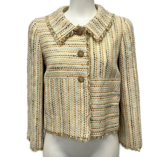 Chanel Jacket 36 S Light Yellow Orange Multi Tweed 3/4 Sleeve Cotton
