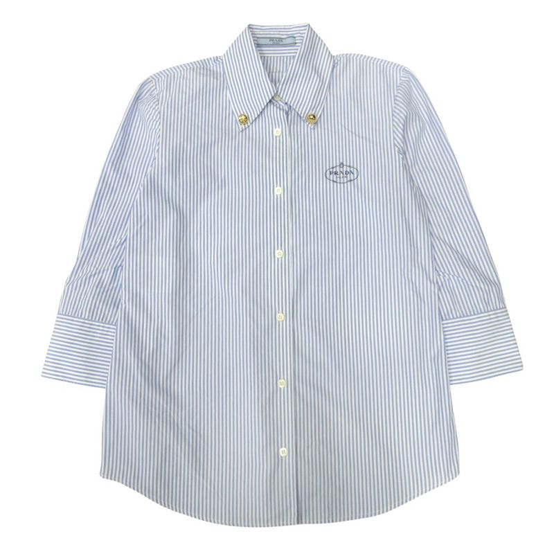 24ss Prada Button Down Shirt Blouse Cut and Sewn Gold Button Logo Embroidery