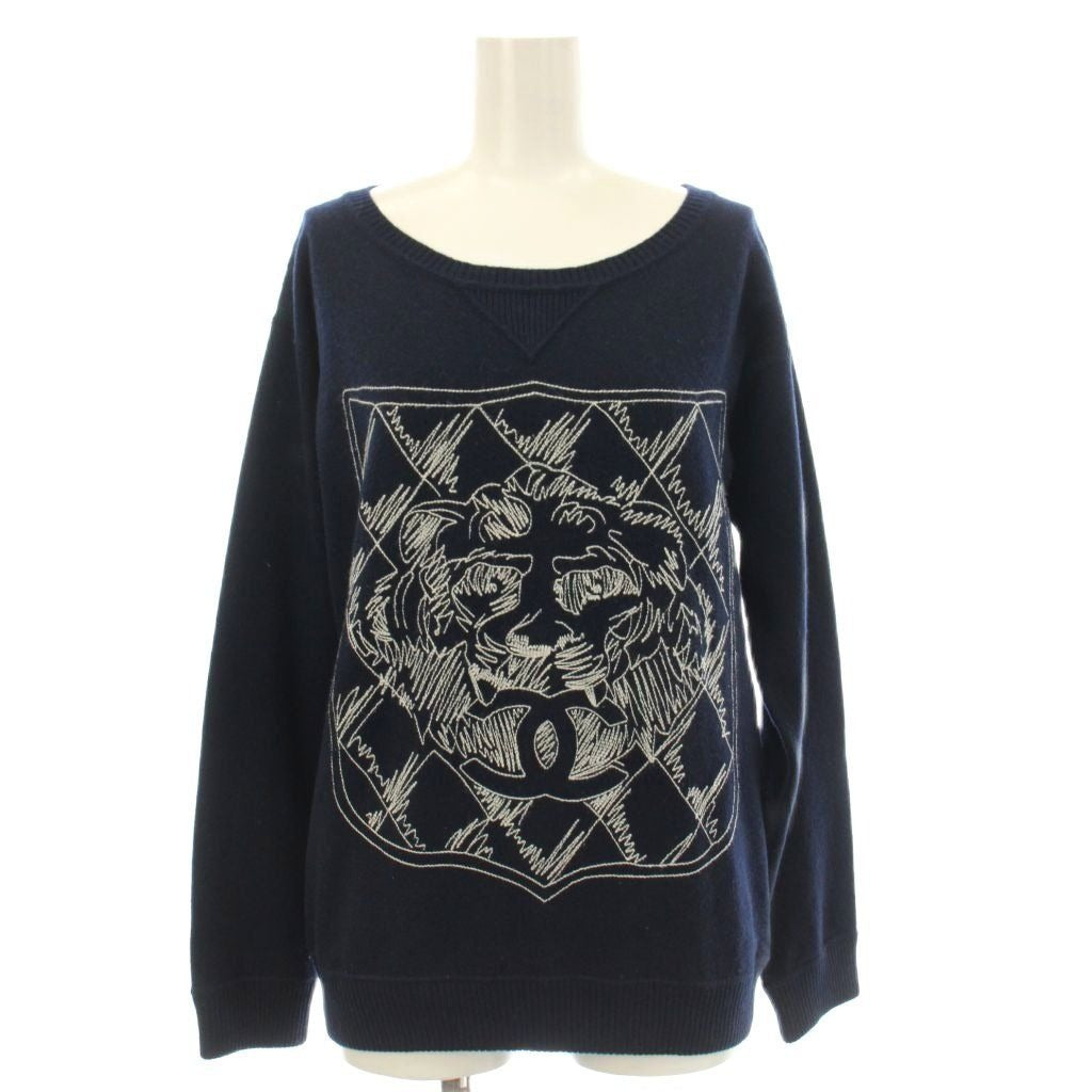 Chanel Knit Sweater Cashmere Lion Motif Embroidery CC Logo Long Sleeve 36