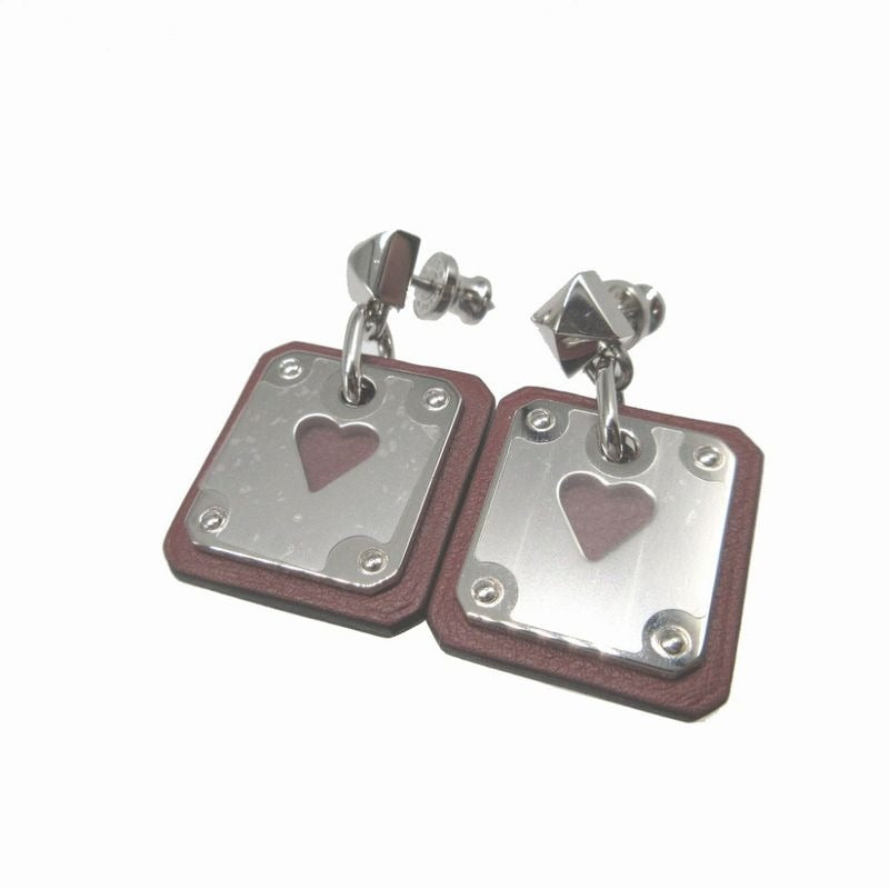 Hermes Asdecourt Heart Leather Metal Brown Silver Earrings