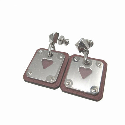 Hermes Asdecourt Heart Leather Metal Brown Silver Earrings