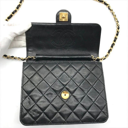 Chanel Quilted CC Logo Push Lock Lamb Leather Chain Shoulder Bag Black Purse