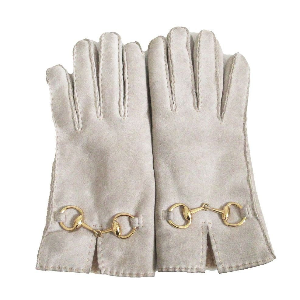 Gucci Horsebit Mouton Gloves Inner Shearling Light Gray 6.5