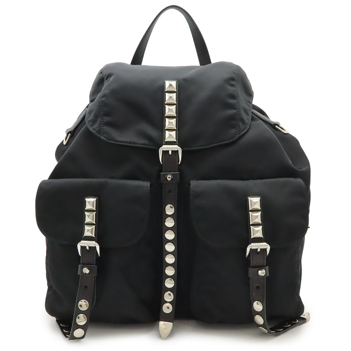 Prada Triangle Logo Backpack Studs Nylon Leather Nero Black