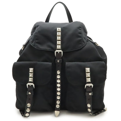 Prada Triangle Logo Backpack Studs Nylon Leather Nero Black