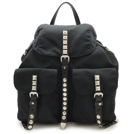Prada Triangle Logo Backpack Studs Nylon Leather Nero Black