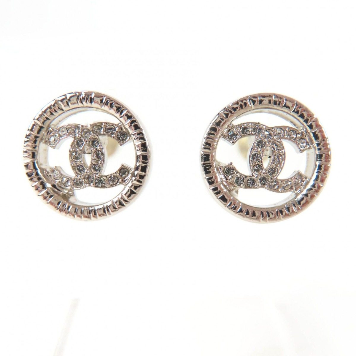 Chanel Metal CC Logo Line Stone Circle Earrings Silver
