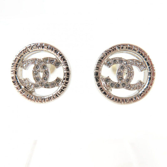 Chanel Metal CC Logo Line Stone Circle Earrings Silver