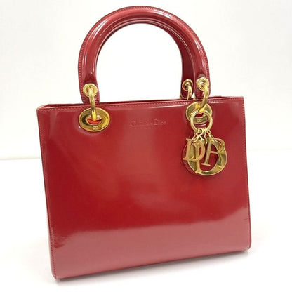 Dior Handbag Smooth Enamel Leather Red Gold
