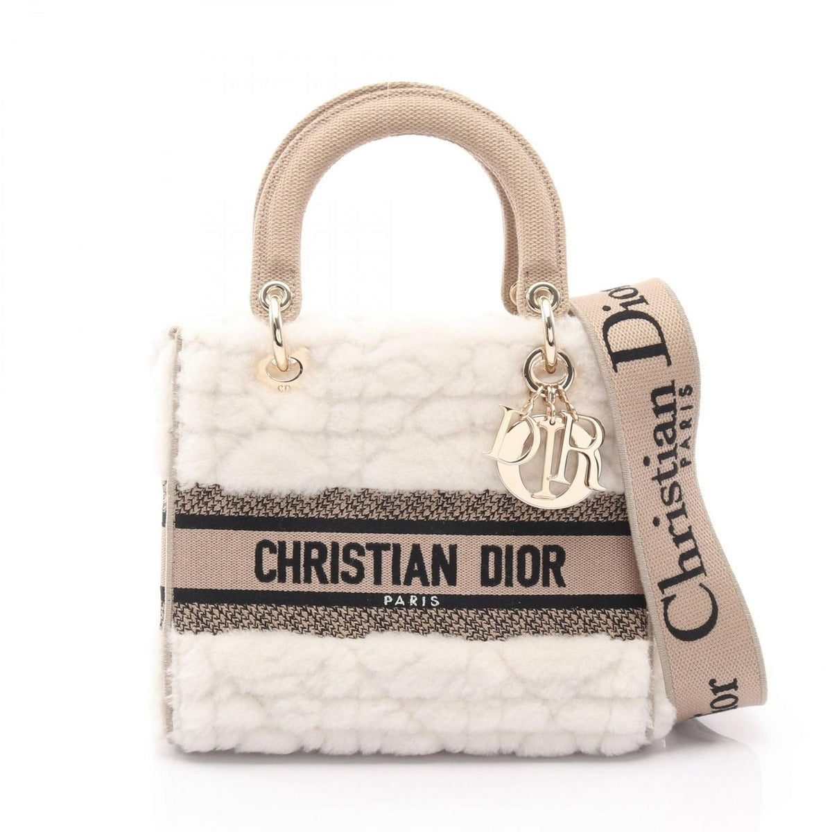 Dior Handbag Lady D-Lite Medium Bag Beige White Canvas 2way Tote