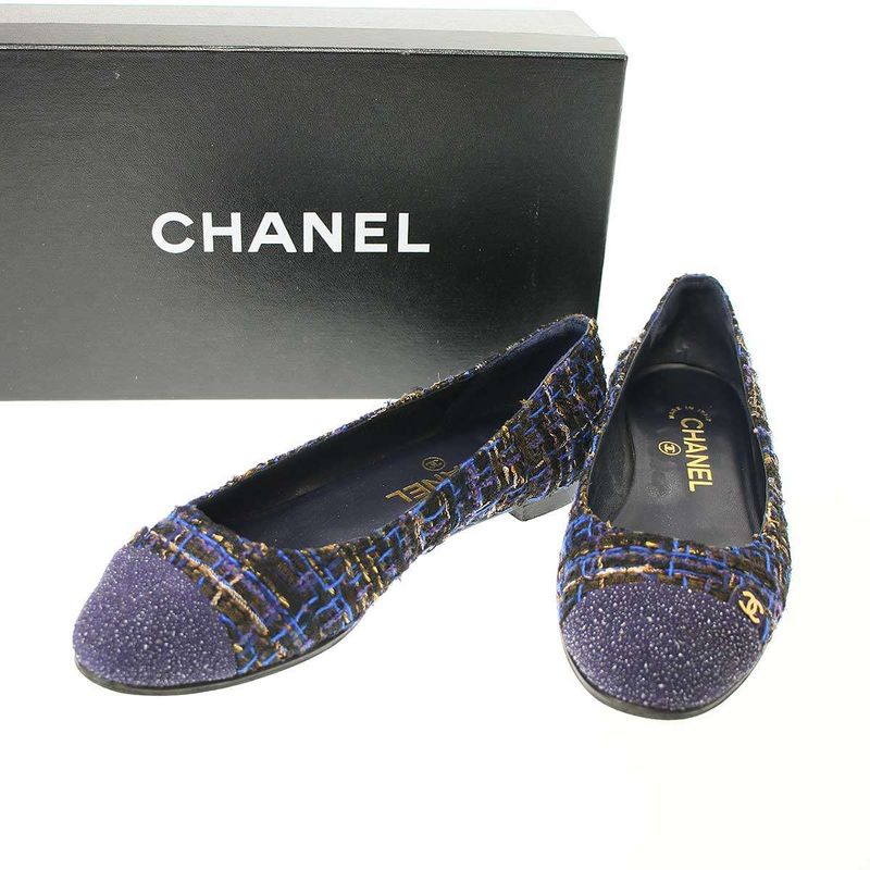 Chanel Ballerines Glitter Toe Tweed Flat Ballerina Shoes G27760 Navy 37