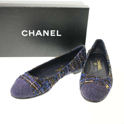 Chanel Ballerines Glitter Toe Tweed Flat Ballerina Shoes G27760 Navy 37