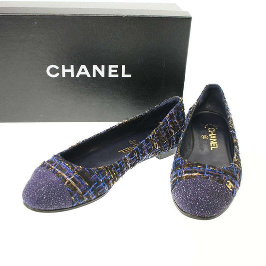 Chanel Ballerines Glitter Toe Tweed Flat Ballerina Shoes G27760 Navy 37