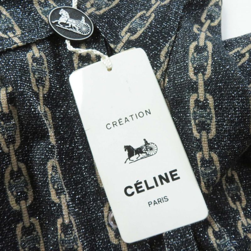 Celine Rare Old Celine Triomphe Chain Pattern Lame Long Sleeve Shirt Black