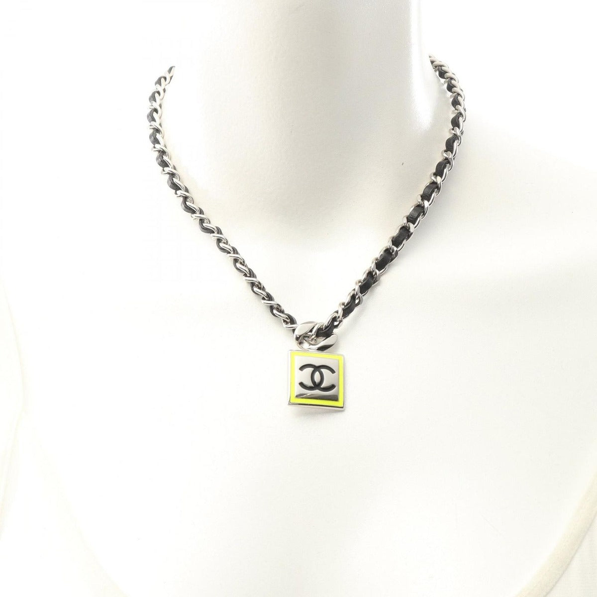 Chanel Necklace CC Logo Stainless Steel Leather Silver Black Yellow — view 6