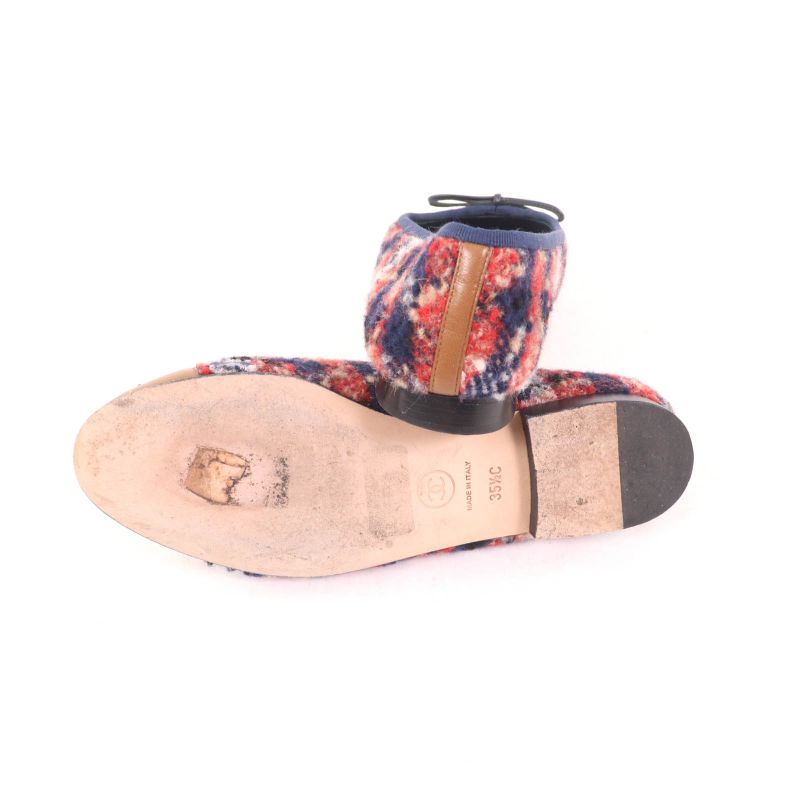 CHANEL Ballerina With Coco Mark Ribbon Leather Use Tweed Flat Pumps Multi 35.5