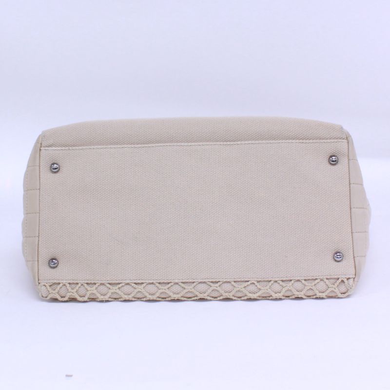 Chanel Chocobar Chain Bag Canvas And Lambskin Beige Handbag Silver
